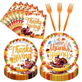 Anqtovp 445014099009 96-piece Plastic Fall Harvest Pattern Disposable Dinnerware Set-thanksgiving Tab