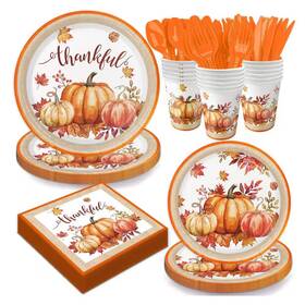 Anqtovp 445028541563 24-piece Orange Plastic Thanksgiving Dinnerware Set For Fall Party Decorations