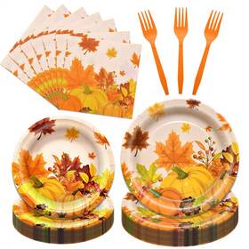 Anqtovp 744110530223 96-piece Orange Fall Harvest Disposable Tableware Set With Plates Napkins Fork