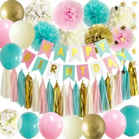Bpd29 Ansomo Pink And Teal Blue Happy Birthday Party Decorations Neutral Banner Balloons W
