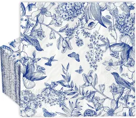 A1757 Anydesign 80 Pack Blue White Floral Luncheon Napkins Disposable Bird Butterfly Flower Pape