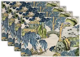 A2074 Anydesign Chinoiserie Placemats Asian Scenic Blue Large And Kelly Green