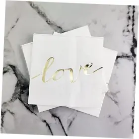 Ld25 Anyneo White Luncheon Paper Napkins Stamped With Sparkle Gold Love - Folded 6.5 X Ld25 Anyneo White Luncheon Paper Napkins Stamped With Sparkle Gold Love - Folded 6.5 X