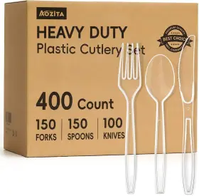 P400 Aozita 400 Ct Clear Heavy Duty Plastic Cutlery Set - Forks Spoons Knives Bpa-free