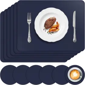 Placemat-6 Aplker Vinyl Placemats Set Of 6 Faux Leather Heat 16 X 12 Inches Navy Blue