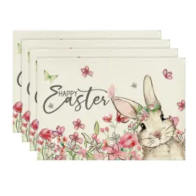 Placemat-easter-4pc-3045-053 Artoid Mode Floral Bunny Rabbit Easter 12 Inch X 18 Rectangular 4 Pcs Beige