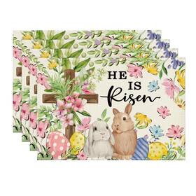 Artoid Mode Placemat-easter-4pc-3045-078 Bunny Rabbits Flower Colorful 12 Inch X 18 Rectangular 4 Pcs Beige