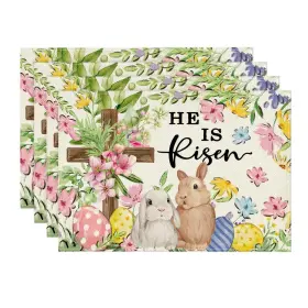 Placemat-easter-4pc-3045-078 Artoid Mode Bunny Rabbits Flower Colorful 12 Inch X 18 Rectangular 4 Pcs Beige