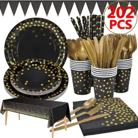 Ds-ac2167-2us Aschef 202pcs Ecofriendly Disposable Black And Gold Paper Plates Supplies Bulk Dinnerwa