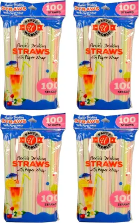 Atb 313112397310 400 Ct Drinking Straws Bendable Flexible Plastic Bendy Straw Neon Color Wrapped