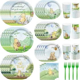 W-168-01 Auroraparty 150pcs Bear Baby Shower Table Decorations Plates Napkins Birthday Party Boys