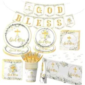 Axustum 772093980117 God Bless Tableware-142pcs Baptism Plates And Napkins White