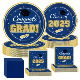 Fb192 Axwatdei 200pcs Blue And Gold Graduation Class Of 2025 Party Supplies Set Congrats Gra