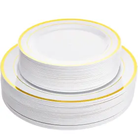 432372 Ayas Cutlery Kingdom 60 Gold Rimmed Plastic Plates For Party Heavy Duty Disposable Set Of 3