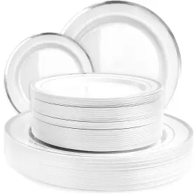 Ayas Cutlery Kingdom 850019895414 100 Plastic White Plates Disposable With Silver Trim 5