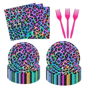 Ay-tzzpzj-bs090 Aysimple 96 Pcs Neon Rainbow Leopard Birthday Tableware Set Girls Sparkly Paint