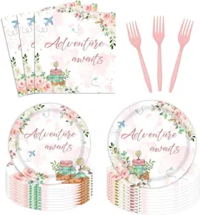 H2gt1 Aysimple 96 Pcs Adventure Awaits Baby Shower Tableware Set World Map Flower Travel