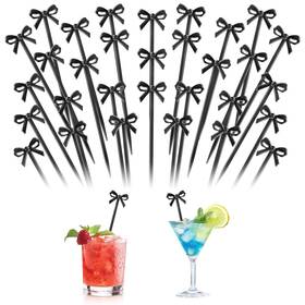 Ayzylpth 25049 1-htus 60 Pcs Black Bow Cocktail Picks 4x1 Inch 0.07in Thick Cute Bows Drink Stirr