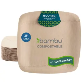 064540 Bambu Pack Of 25 - 11 Inch Disposable Bamboo Plates Square Biodegradable Eco
