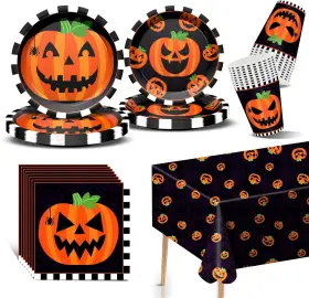 Baolaiballoon 763475876999 Halloween Pumpkin Party Supplies Includes Paper Plates Napkins Cups And Tablec