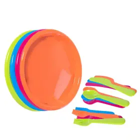 Basicwise 445027255232 Reusable Cutlery Set Of 4 1 Green Pink Blue Orange Plastic Plates Spoon