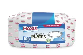 Basix 735343172564 100 Count Disposable Plastic Plates Microwave Safe 6inch White