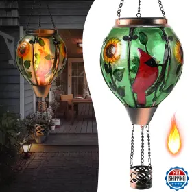 B0fdfctgj9 Bathtoo Hot Air Balloon Solar Lantern - Cardinal Bird Glass Simulated Flickerin