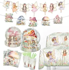 Bbnewparty 607405785381 144pcs Fairy Decorations - Birthday Tableware Set With Pink Purple Blue