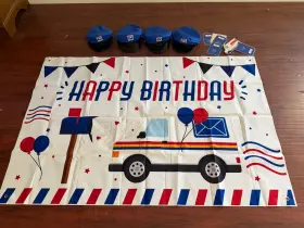 581828 Beleco Postal Service Mail Carrier Happy Birthday Banner Decorations Hats 5 Pc Usps