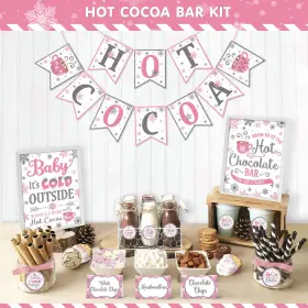 Bessmoso 604220339126 Hot Cocoa Bar Kit Pink Silver Snowflake Banner Sign