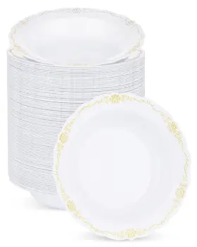 15757561 Bestluck 100 Pack White Plastic Bowls With Gold Rim 12oz Disposable Soup Bowl Heavy
