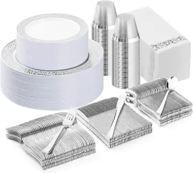 Bestluck 705353425417 350pcs Silver Plastic Dinnerware Set For 50 Guests Disposable Plates