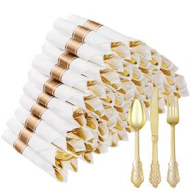 Bestluck B0cxxfg4yv 50 Pack Gold Plastic Silverware With Pre Rolled Napkins For Guest