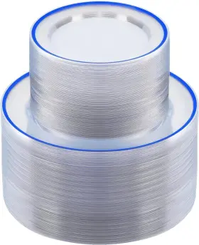 Beststar 313106314323 200pcs Blue And Clear Plastic Plates Disposable Plate Set With 100 Dinner