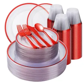 Bs-dtw-tmho-350-2c-1-a Beststar 350pcs Red And Clear Plastic Dinnerware Sets For 50 Guests Include 100 D
