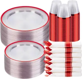 Bs-dtw-tmho-350-jz Beststar 350pcs Clear And Red Disposable Plates Set For 50 Guests 100 Plastic