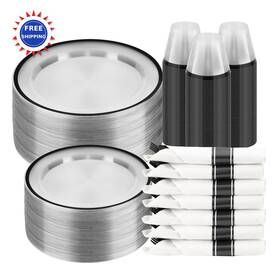 Beststar Bs-dtw-tmhs-350-jz Disposable Plates Set 350pcs For 50 Guests Led Clear Black Plastic