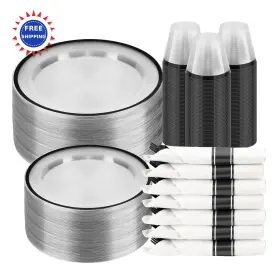 Bs-dtw-tmhs-350-jz Beststar Disposable Plates Set 350pcs For 50 Guests Led Clear Black Plastic