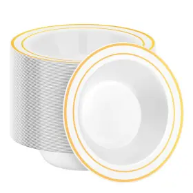 W12-bdjb-100pc Beststar 100 Pack Disposable Soup Bowls With Gold Rim 12oz Premium Heavy Duty Plastic