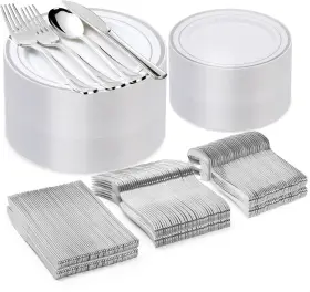 Bestvip 691046098733 300pcs Silver Plastic Plate Set 50 Guests Plates For Party Wedding