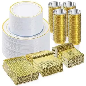 69a4a4fba7a855a28d73bb59 Bestvip 600pcs Gold Dinnerware Set For 100 Guests Plastic Plates Party
