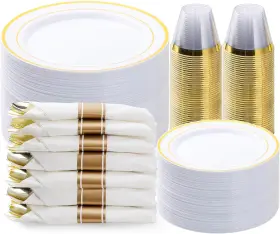 Qjs-350 Bestvip 350pcs Gold Plastic Dinnerware Set Disposable Party Plates For 50 Guests Inclu