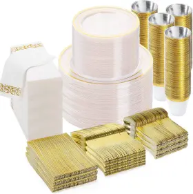 Tmjb-700 Bestvip 700pcs Clear Gold Disposable Dinnerware Set 100 Guests Plastic Plates For 200