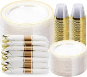 Tmqjs-350 Bestvip 350pcs Clear Gold Plastic Dinnerware Set 50 Guests &