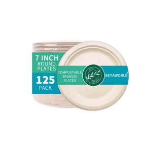 Betaworld 198168163764 125 Count 7 Inch Compostable Sugar Cane Bagasse Small Plates Heavy Duty