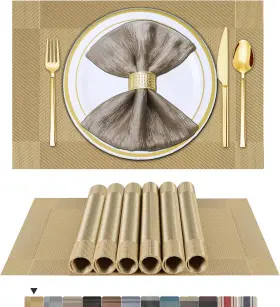 Btus-cd-6p-js-jinduijiao Beteam Placemats Set Of 6 Woven Vinyl Placemat For Dining Table Pcs 02 Gold