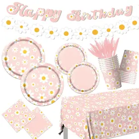 Bezkega 717225003913 142pcs Daisy Birthday Party Tableware Set Pink Groovy Flower Supplies I