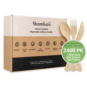 Bk-2400fsk Biko Industries Inc Ibambo Natural Bamboo Disposable Cutlery Set 1200 Forks 600 Spoons Knives