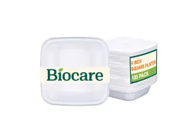 Biocare 810147612116 4 Inch Square Plates 100 Pack 100% Compostable Sugarcane Bagasse Bpa And