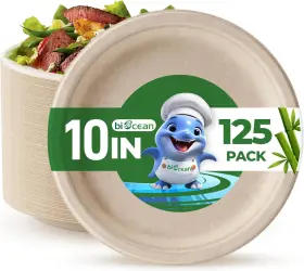 10in125pcnatural Biocean Plates-10-125 10 Inch Compostable Plates 125 Pack Heavy Duty Natural